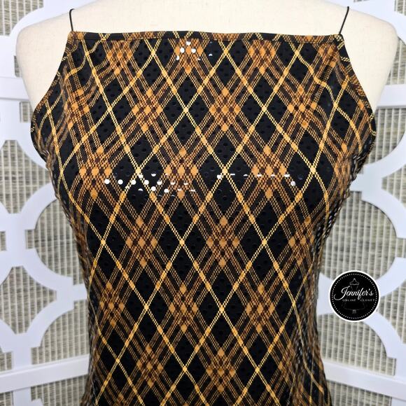 Express NWT Black/Gold/Brown Argyle Sequin Shimmer Tank Top Size Medium - Picture 5 of 13